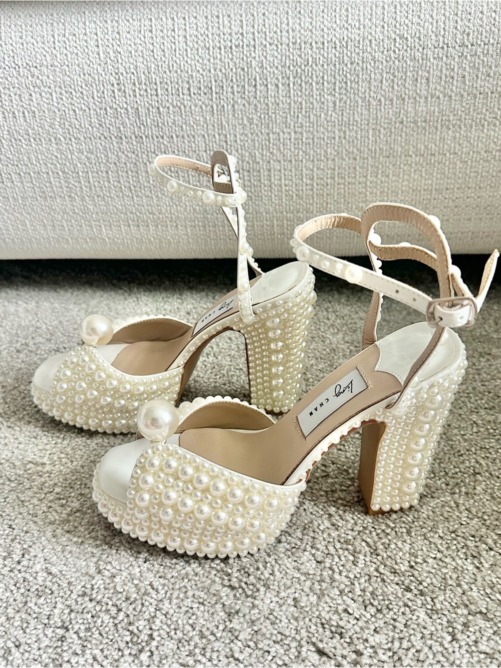 Ling Chan Studio Pearl Embellished Platform Block Heel Bridal Shoes 36 (US6)NWOB